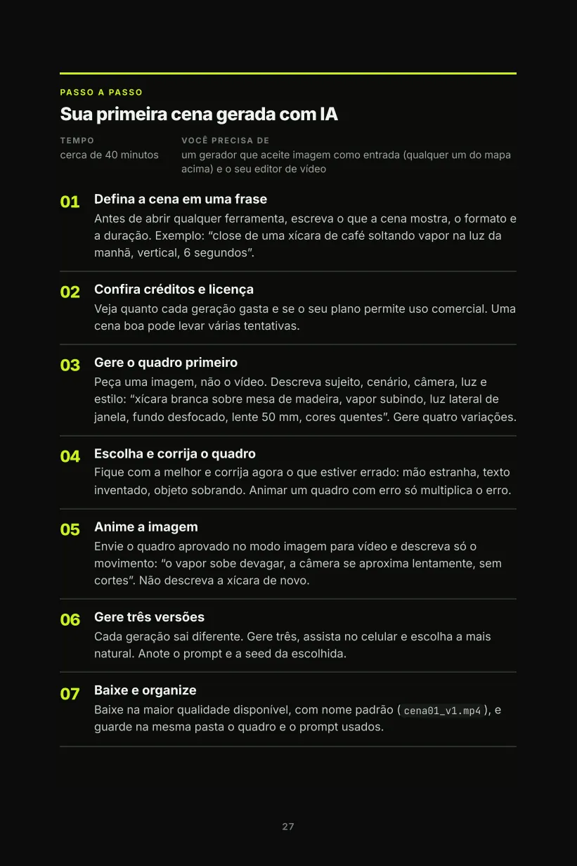 Página de passo a passo: sua primeira cena gerada com IA